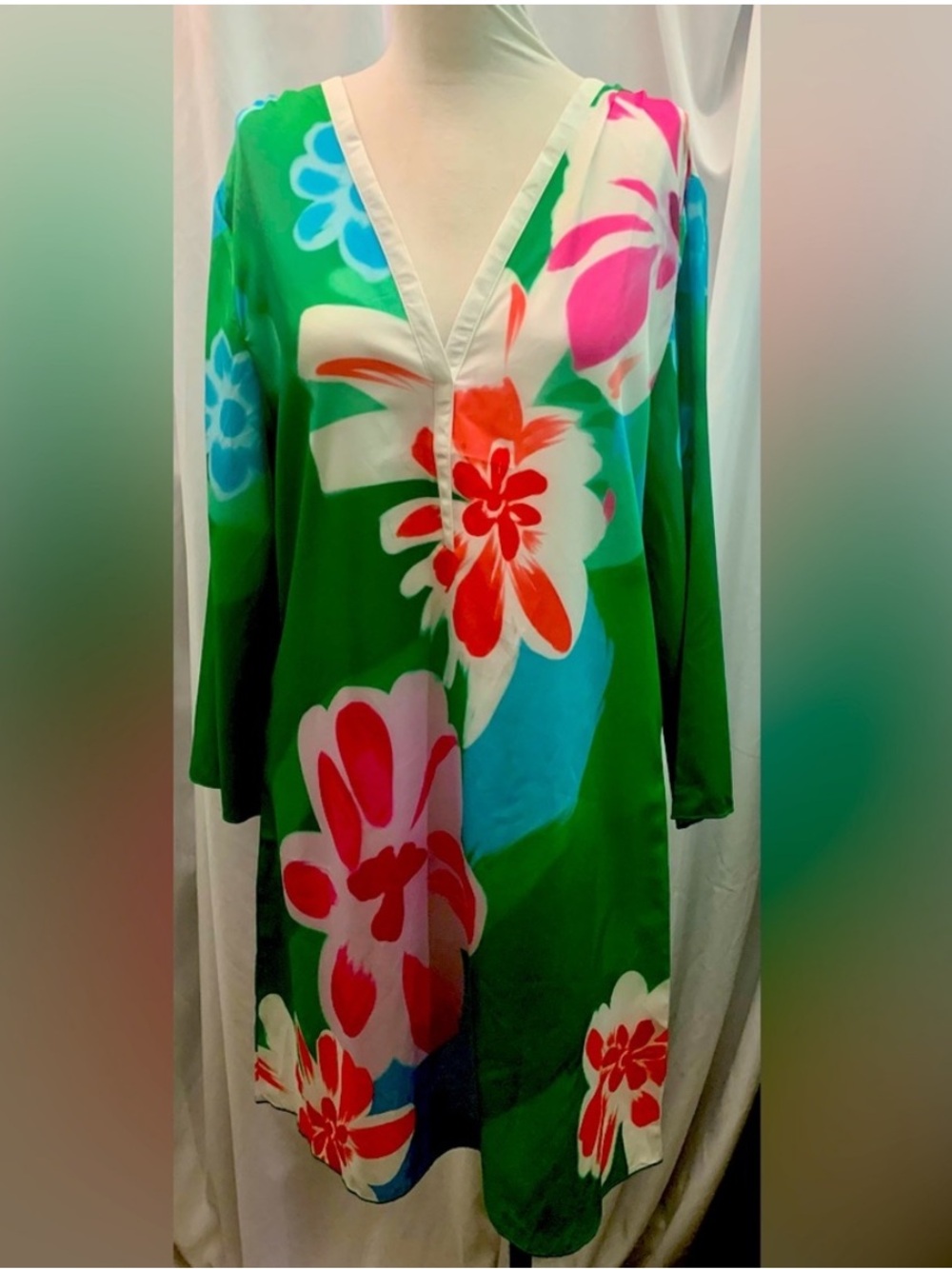 Derandy Green Floral V-Neck Tunic Dress Swim Cover Up Bold Multicolor Boho L